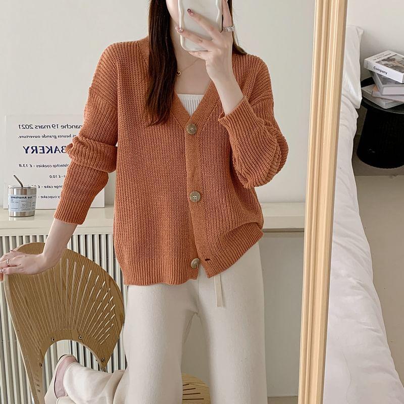 V-Neck Plain Button Down Cardigan Product Image