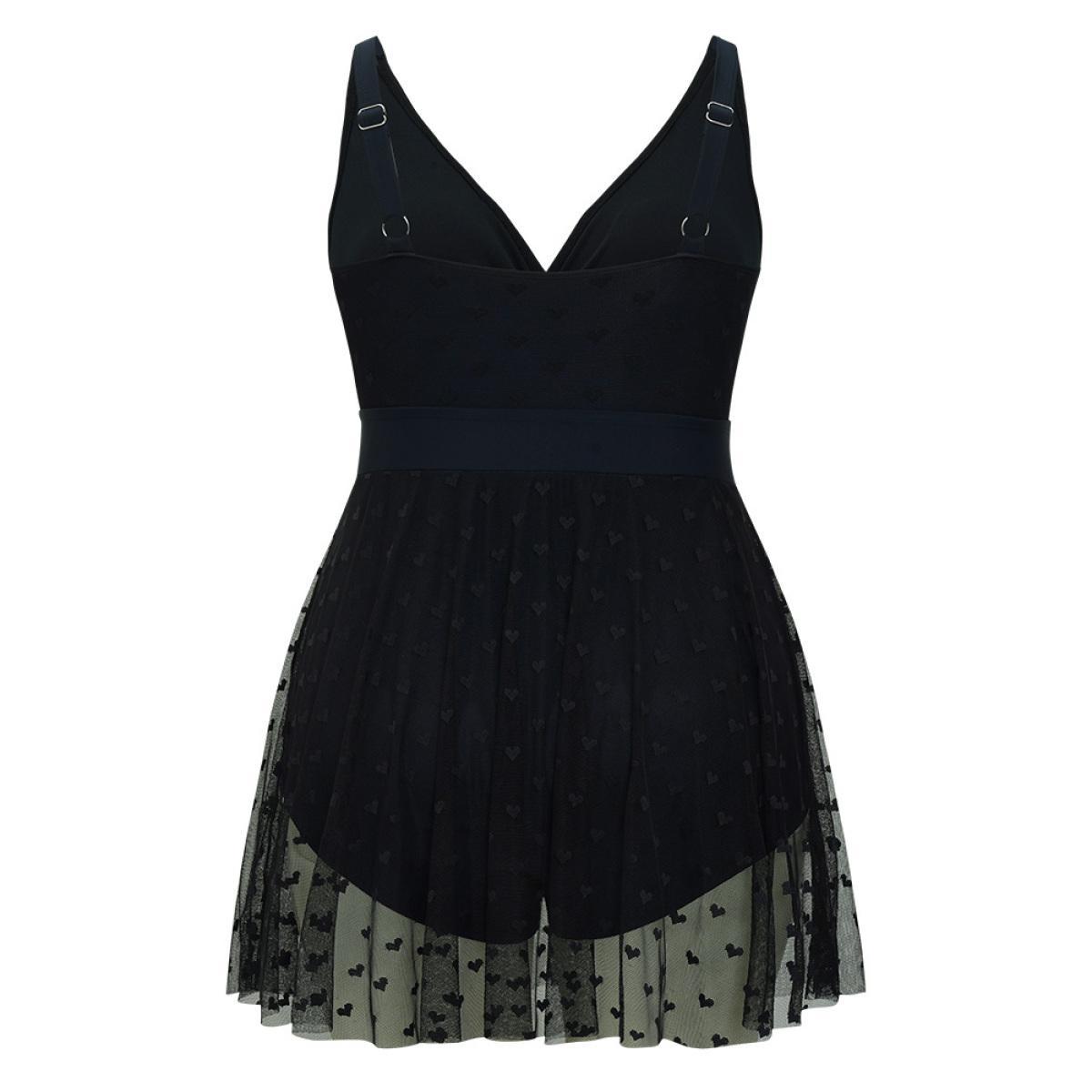 Plus Size Heart Mesh Hem Wrap Gathered Sculpt Waist Swim Dress Women's Swimwear Black Vacation Bodycon V-neck High stretch Curve Swim Dresses BloomChic 18-20/2X Product Image