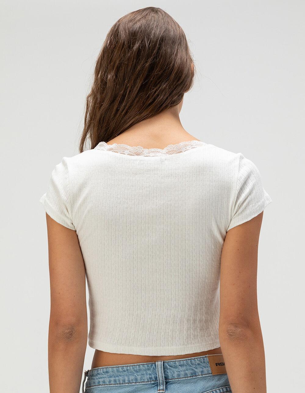 RSQ Womens V-Neck Lace Trim Top - WHITE Product Image