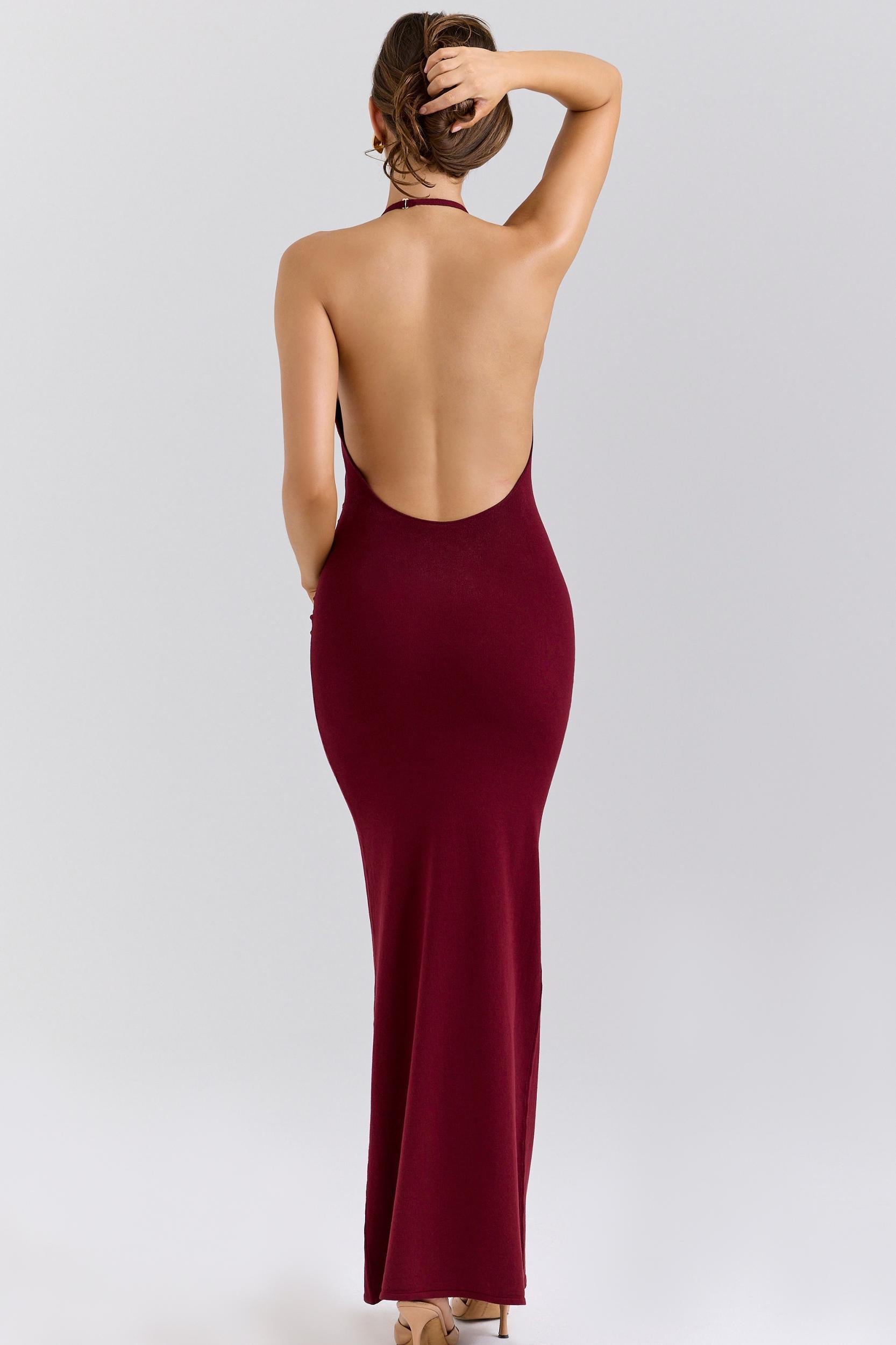 Thalina  wine draped halter neck knit maxi dress Product Image