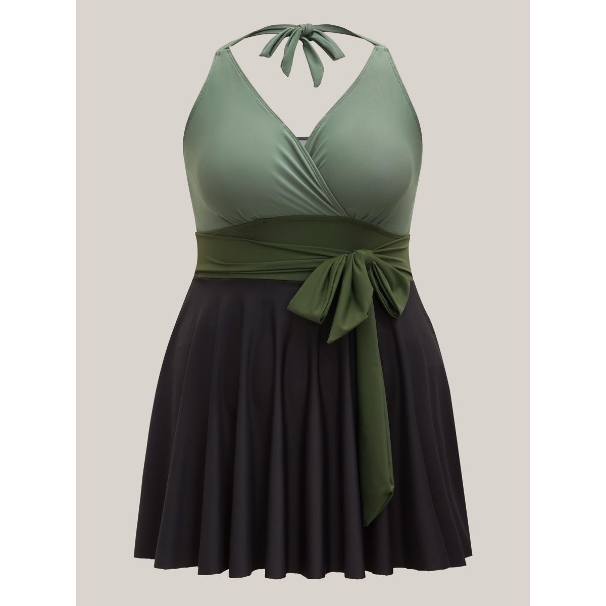 Plus Size Color-Block Panelled Waist-Tie Swim Dress Women's Swimwear ArmyGreen Beach Bodycon Overlap Collar High stretch Curve Swim Dresses BloomChic 10/M Product Image