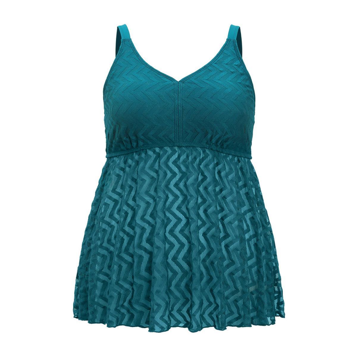Plus Size Plain Geometric Mesh Flutter Hem V Neck Tankini Top Women's Swimwear Teal Vacation Adjustable Straps Medium stretch Bodycon V-neck Curve Swim Tops BloomChic 10/M Product Image