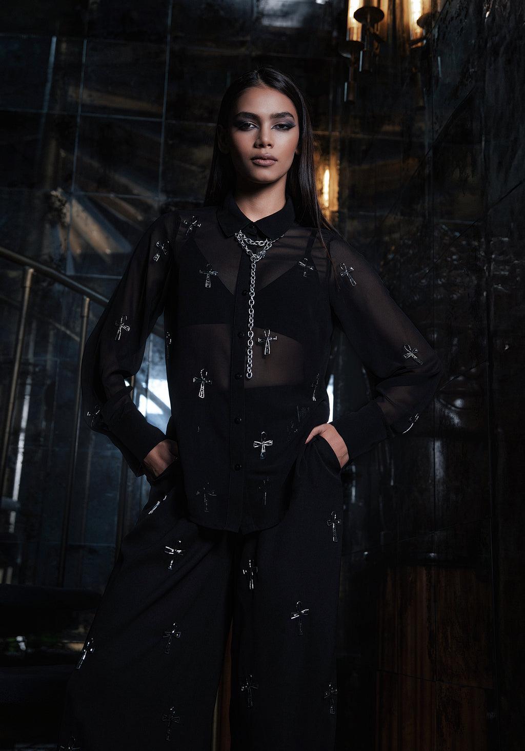 Ankh Beaded Chiffon Button Up Shirt Product Image