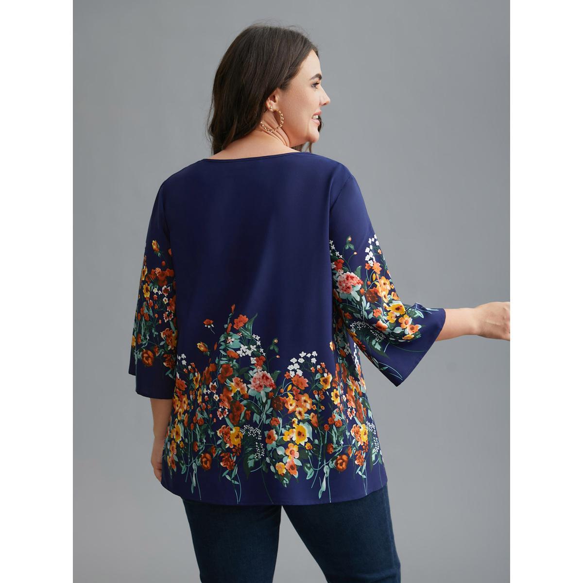 Plus Size Indigo Floral V Neck Cut-Out Lace Blouse Women Elegant Elbow-length sleeve V-neck Everyday Blouses BloomChic 18-20/2X Product Image