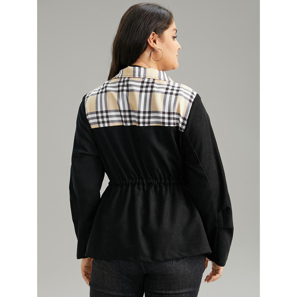 Plus Size Plaid Patchwork Drawstring Zipper Fly Flap Pocket Coat Women Black Casual Contrast Ladies Everyday Winter Coats BloomChic 30/6X Product Image