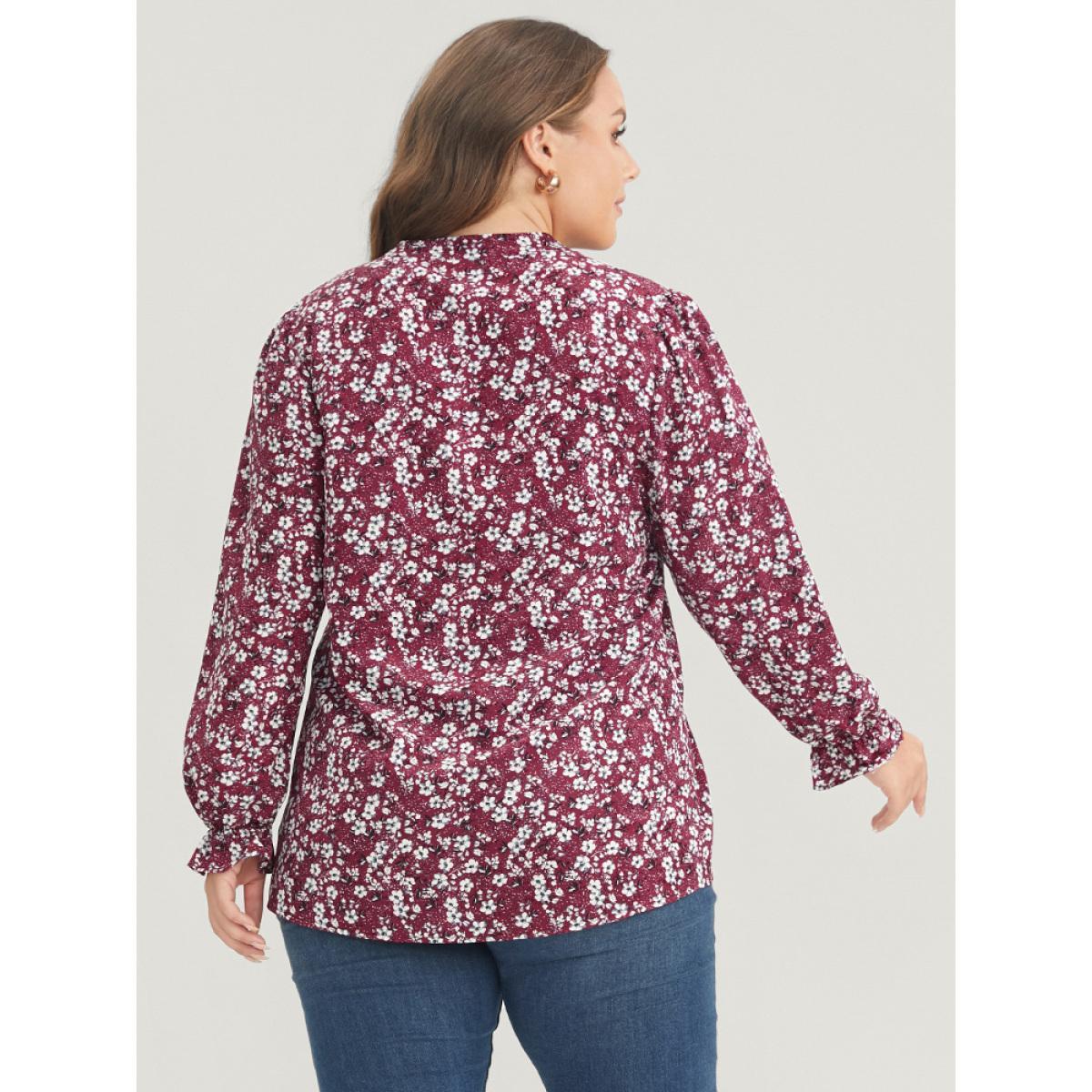 Plus Size Burgundy Floral Lantern Sleeve Arc Hem V Neck Blouse Women Elegant Long Sleeve V-neck Dailywear Blouses BloomChic 18-20/2X Product Image
