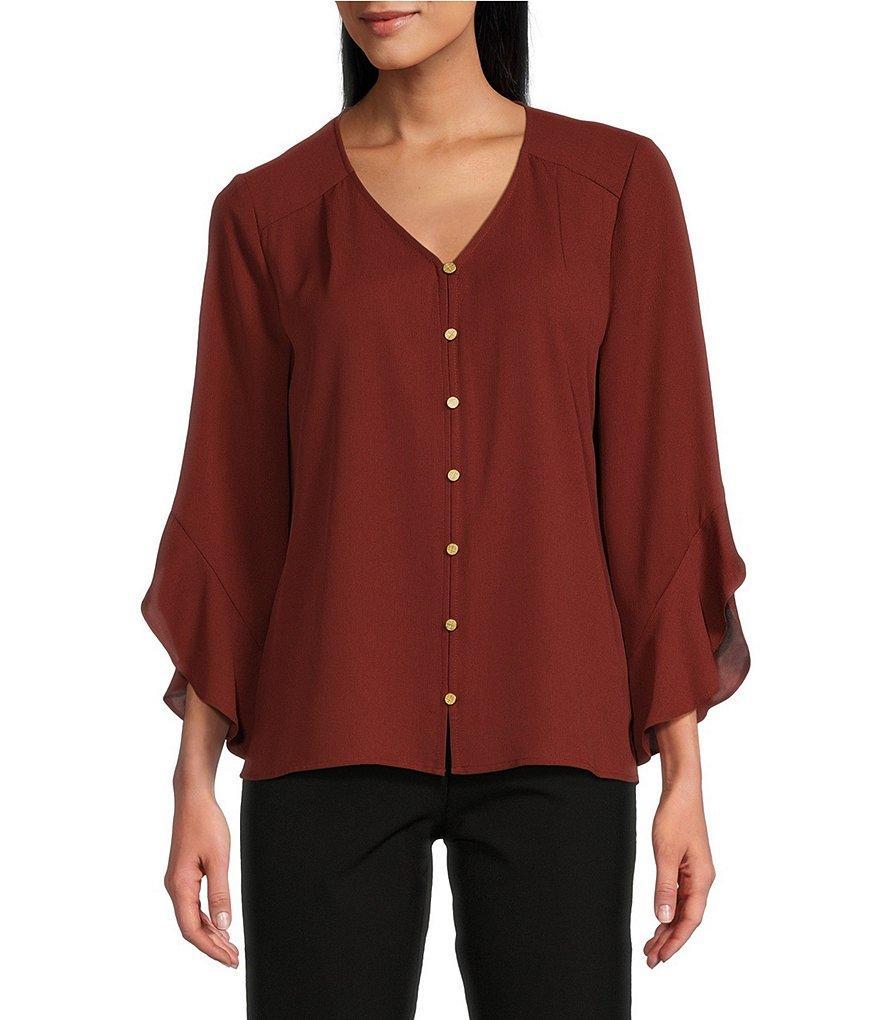 Investments Woven Faux Button Front V-Neck 3/4 Flare Ruffle Sleeve Top Product Image