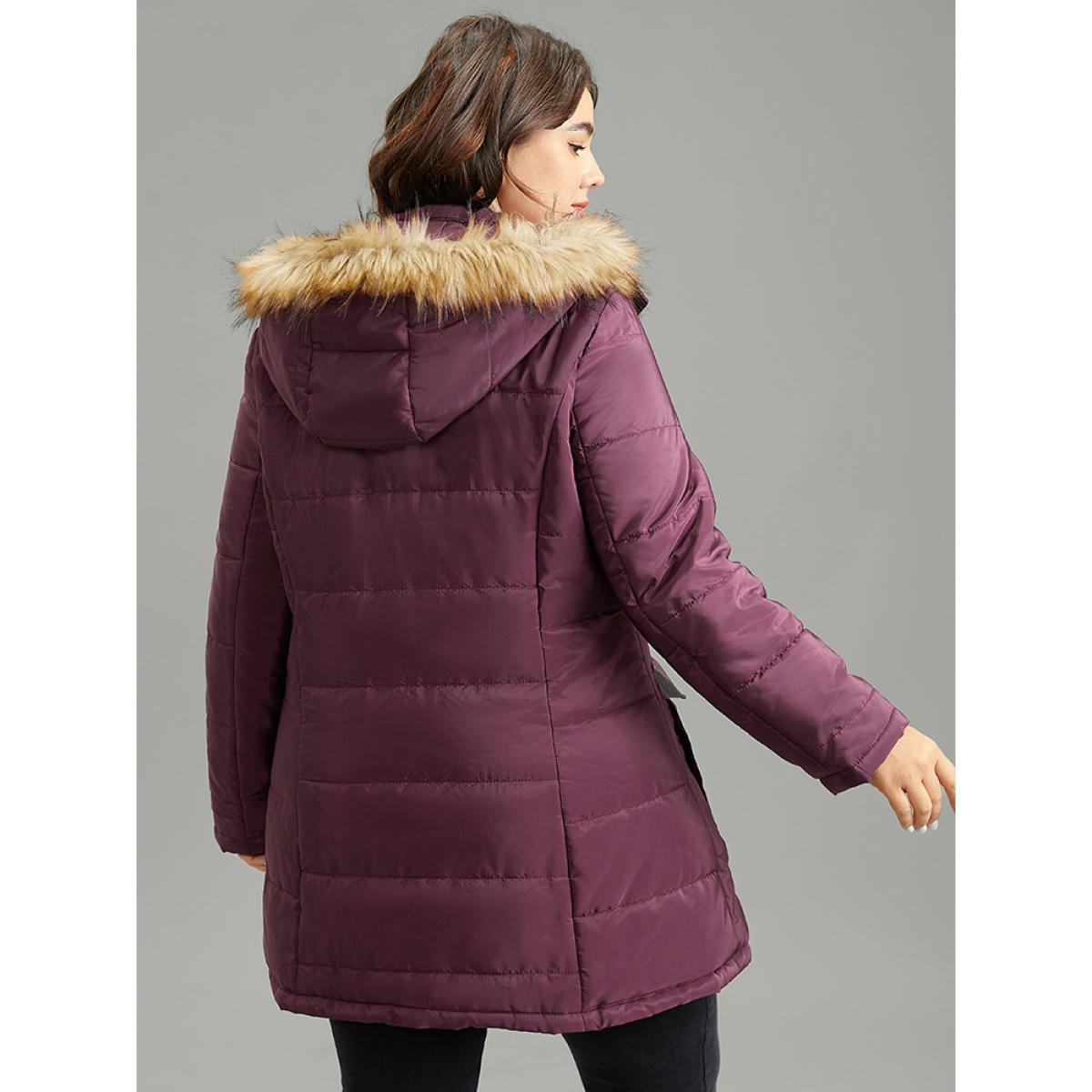 Plus Size Solid Flap Pocket Fuzzy Trim Padded Coat Women Purple Casual Lined Ladies Dailywear Winter Coats BloomChic 30/6X Product Image