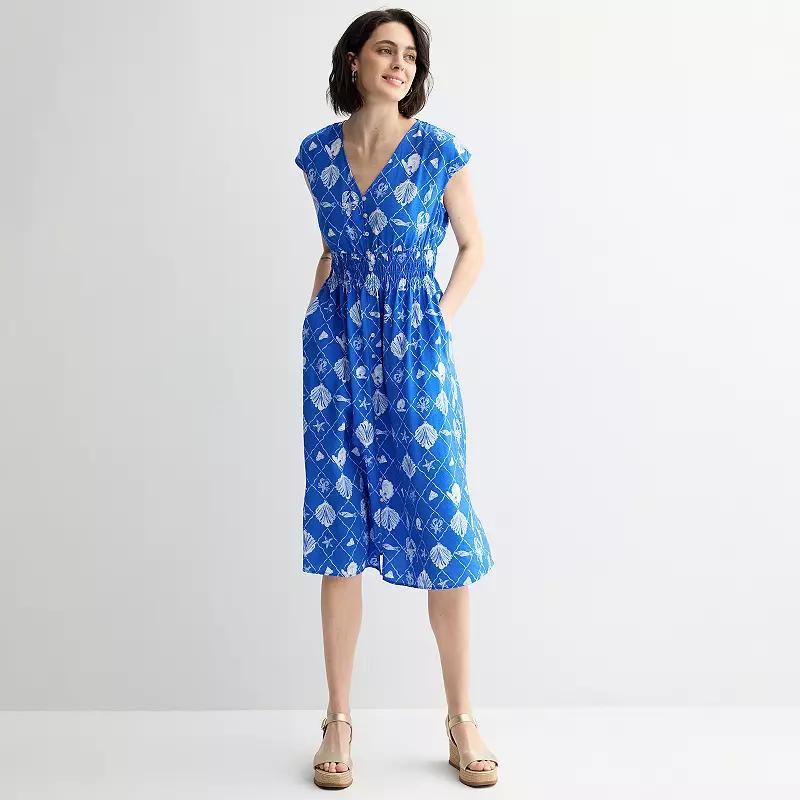 Women's Sonoma Goods For Life® Smock Button Through Midi Dress, Size: Medium, Blue Nautical Print Product Image