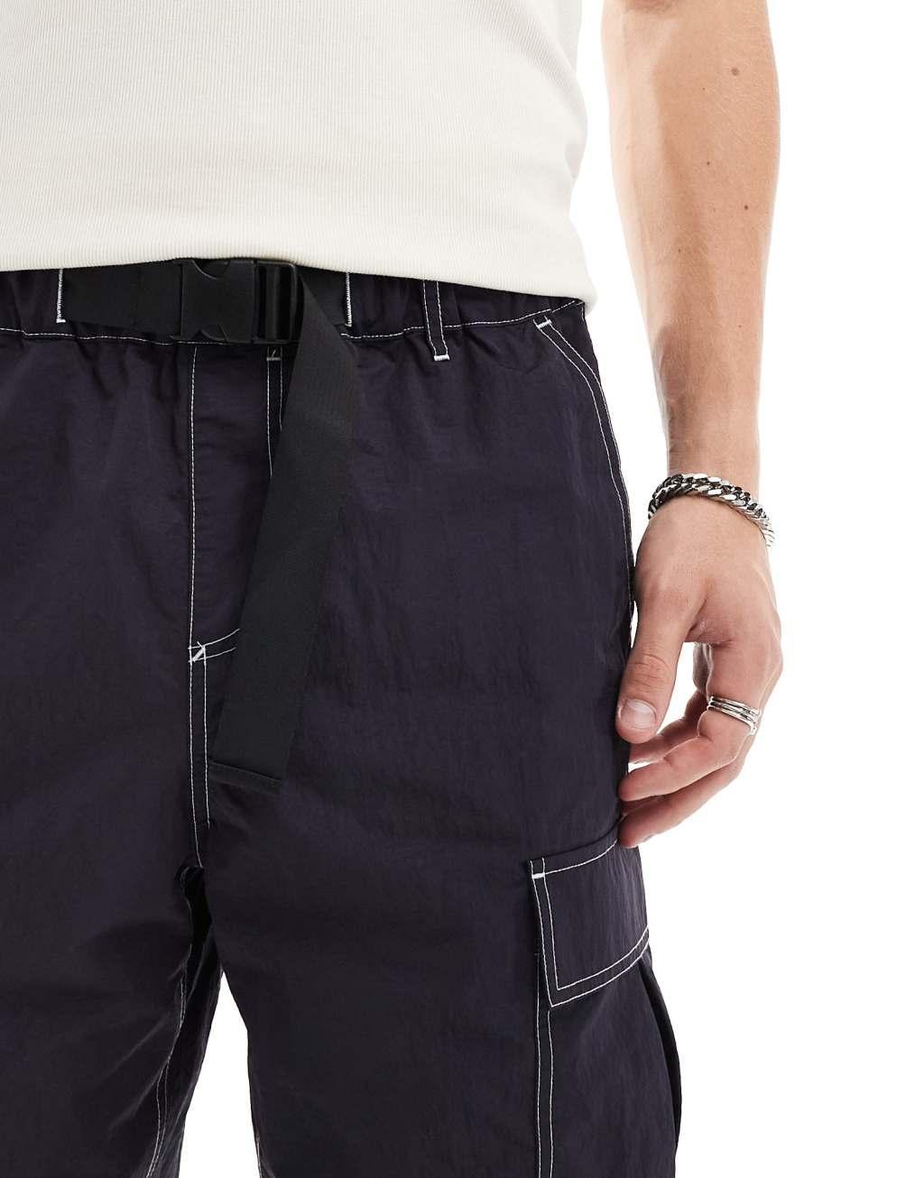 ASOS DESIGN cargo shorts with belt detail in navy Product Image
