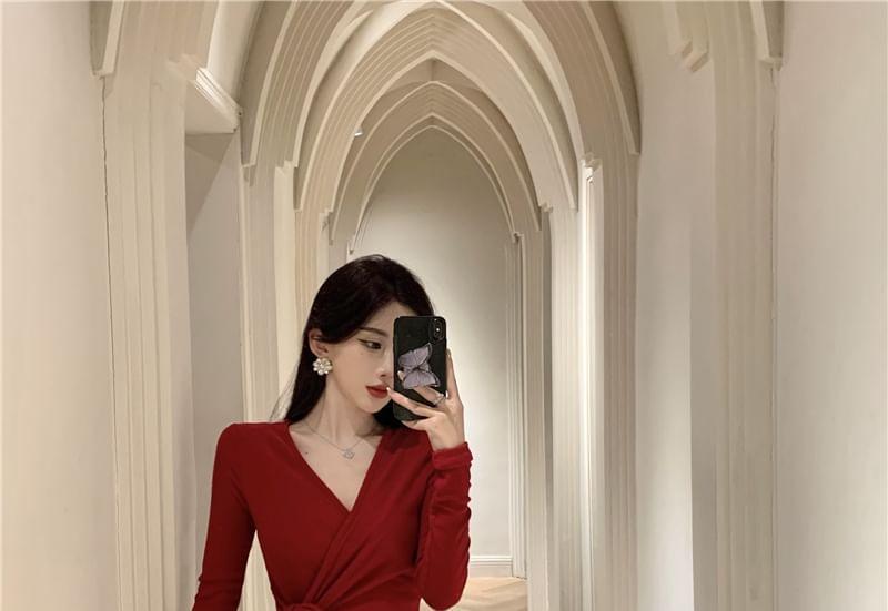 Long-Sleeve V-Neck Wrapped Plain Maxi Sheath Dress Product Image