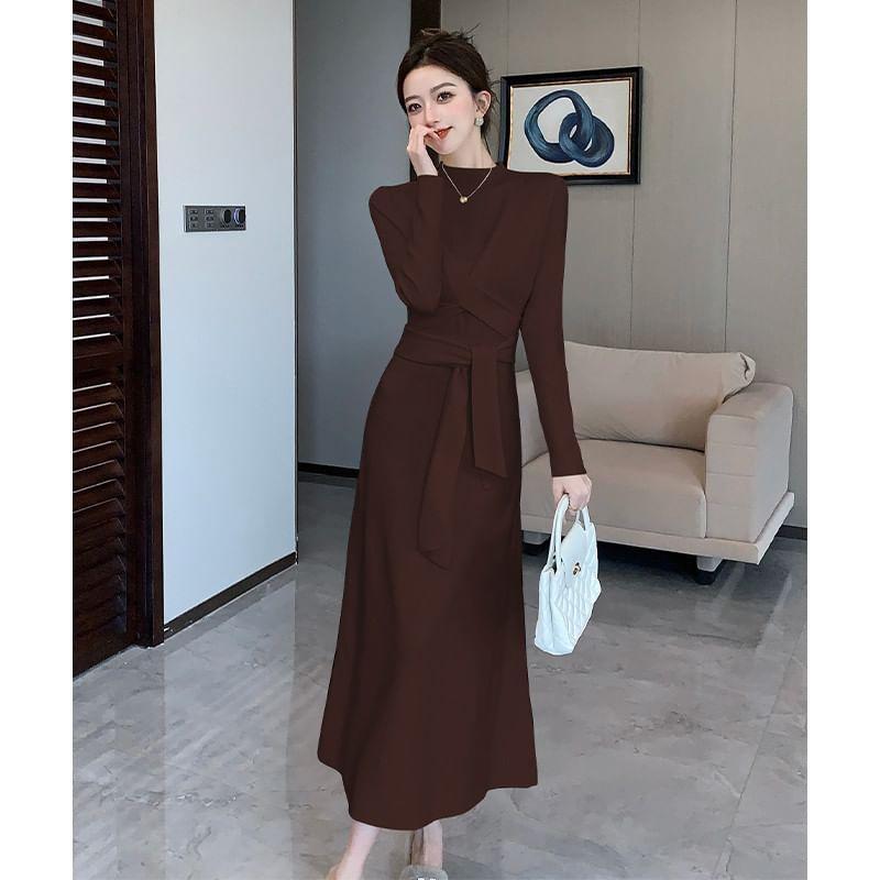 Long-Sleeve Mock Neck Plain Sashed Midi A-Line Knit Dress Product Image