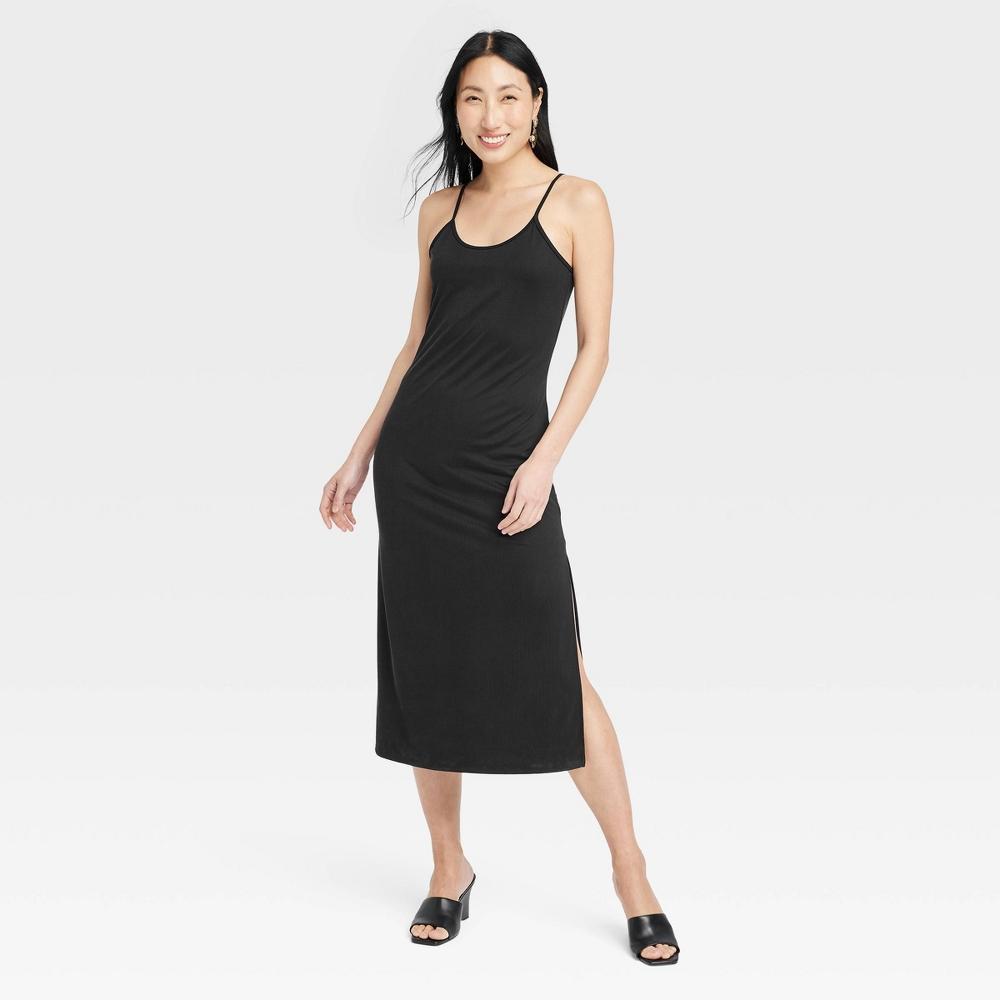 Womens Rib-Knit Midi Cami Dress - A New Day Black XL Product Image
