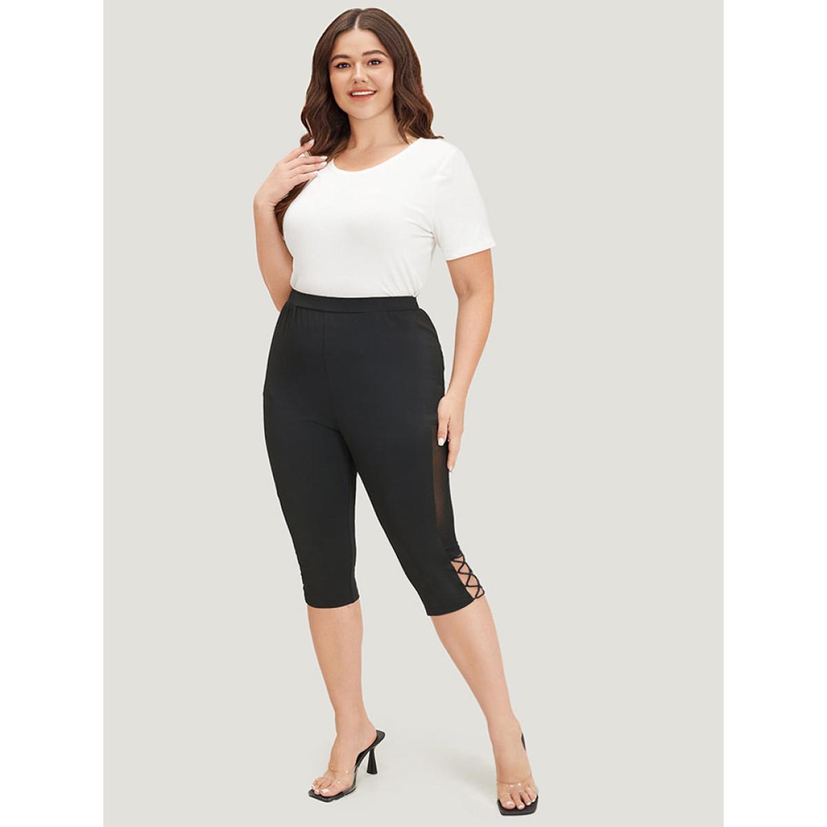 Plus Size Plain Crisscross Mesh Patchwork Cropped Leggings Women Black Elegant High stretch Skinny High Rise Dailywear Leggings BloomChic 22-24/3X Product Image