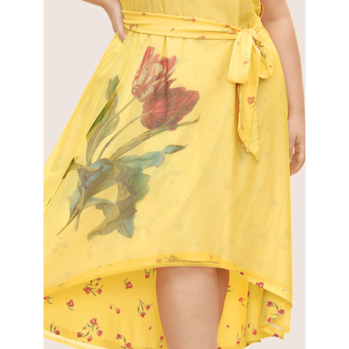 Plus Size Everywhere Dress - Floral Elastic Waist Belted Dress Lemonyellow Women Elegant Belted Non Sleeveless Curvy BloomChic 14-16/1X Product Image