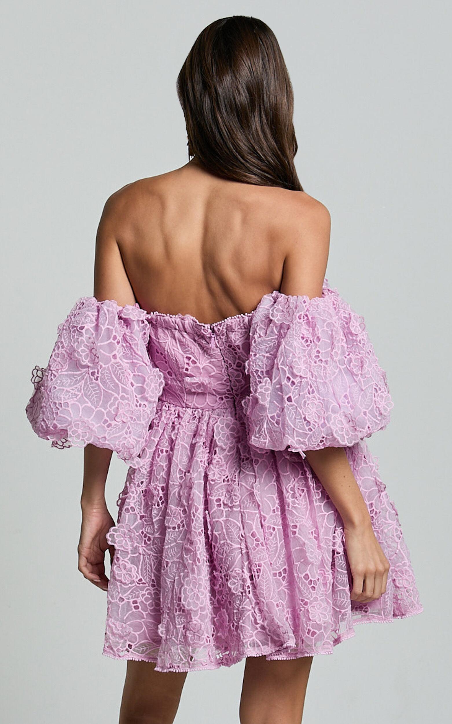 Amalie The Label - Lorena Sweetheart Off Shoulder Puff Sleeve Mini Dress in Purple Product Image