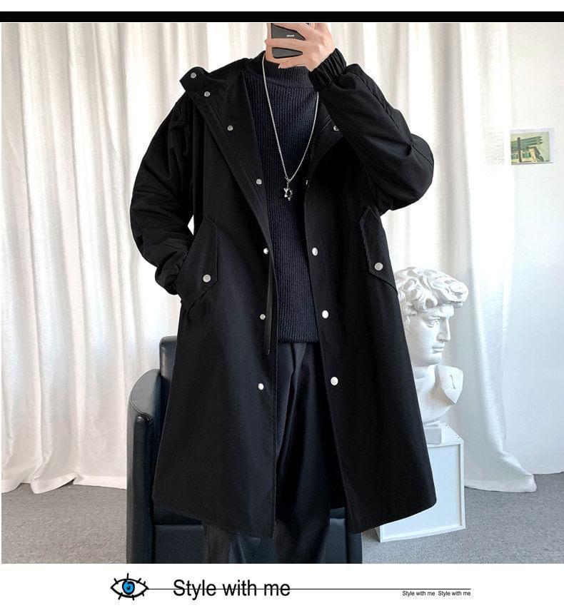 Hooded Button-Up Long Trench Coat Product Image