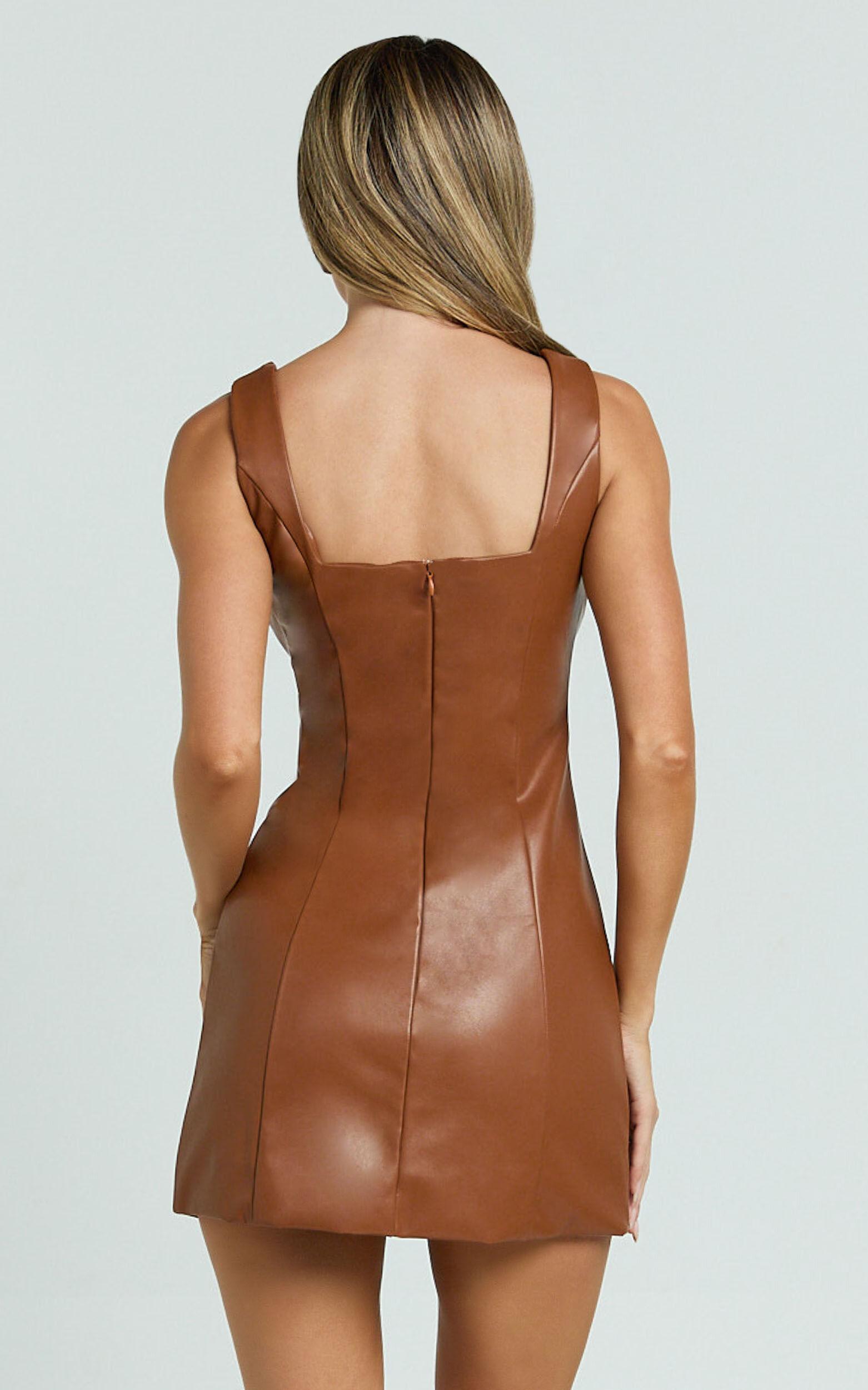 Nami Mini Dress - Faux Leather Square Neck Gold Button Dress in Camel Product Image