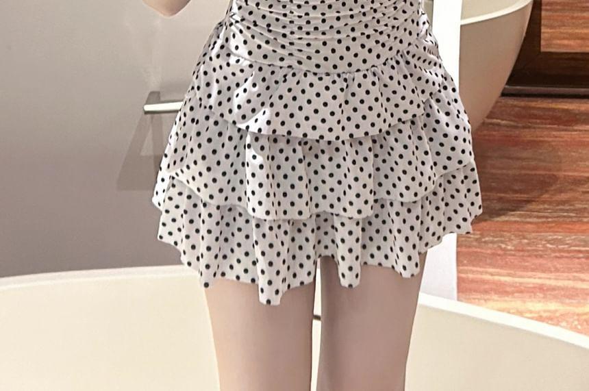 Halter-Neck Dotted Mini Layered Swimdress Product Image