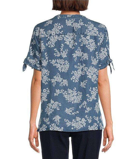 Allison Daley Blooming Flowers Print Short Tie Sleeve Y-Neck Button-Front Pintuck Blouse Product Image