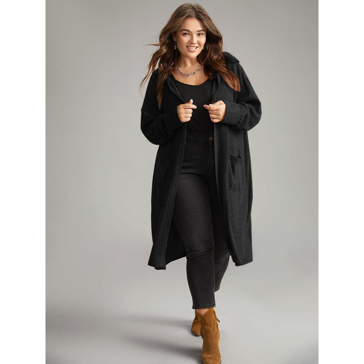 Plus Size Plain Hooded Pocket Open Front Kimono Women Black Casual Texture Pocket Dailywear Kimonos BloomChic 22-24/3X Product Image
