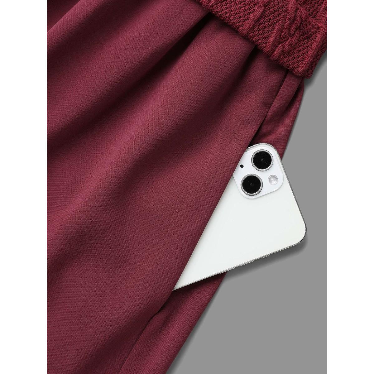 Plus Size Solid Cable Knit Lantern Sleeve Dress Burgundy Women Casual Texture Round Neck Long Sleeve Curvy BloomChic 12/L Product Image