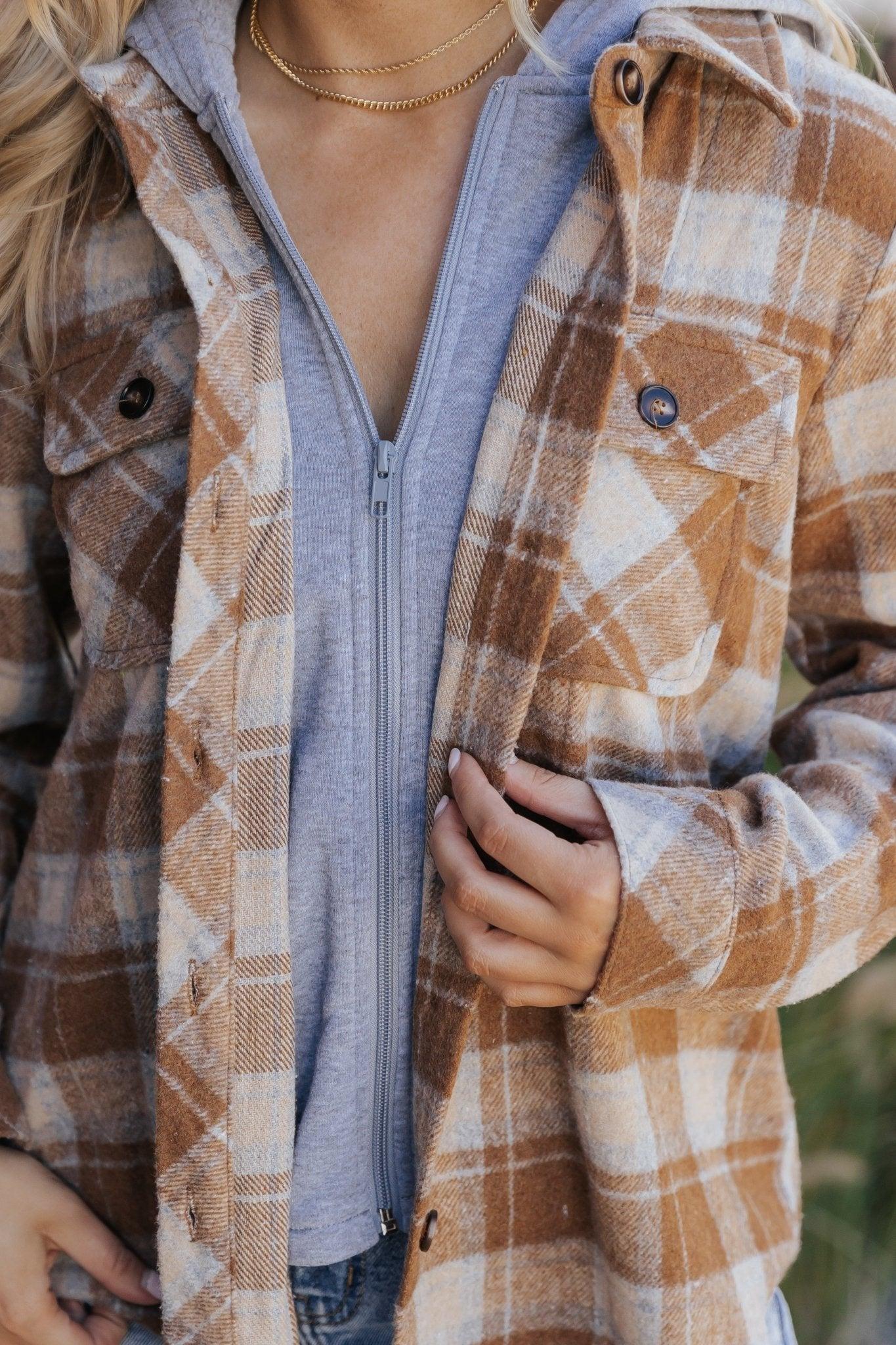 Brown Plaid Hooded Shacket - FINAL SALE Female Product Image