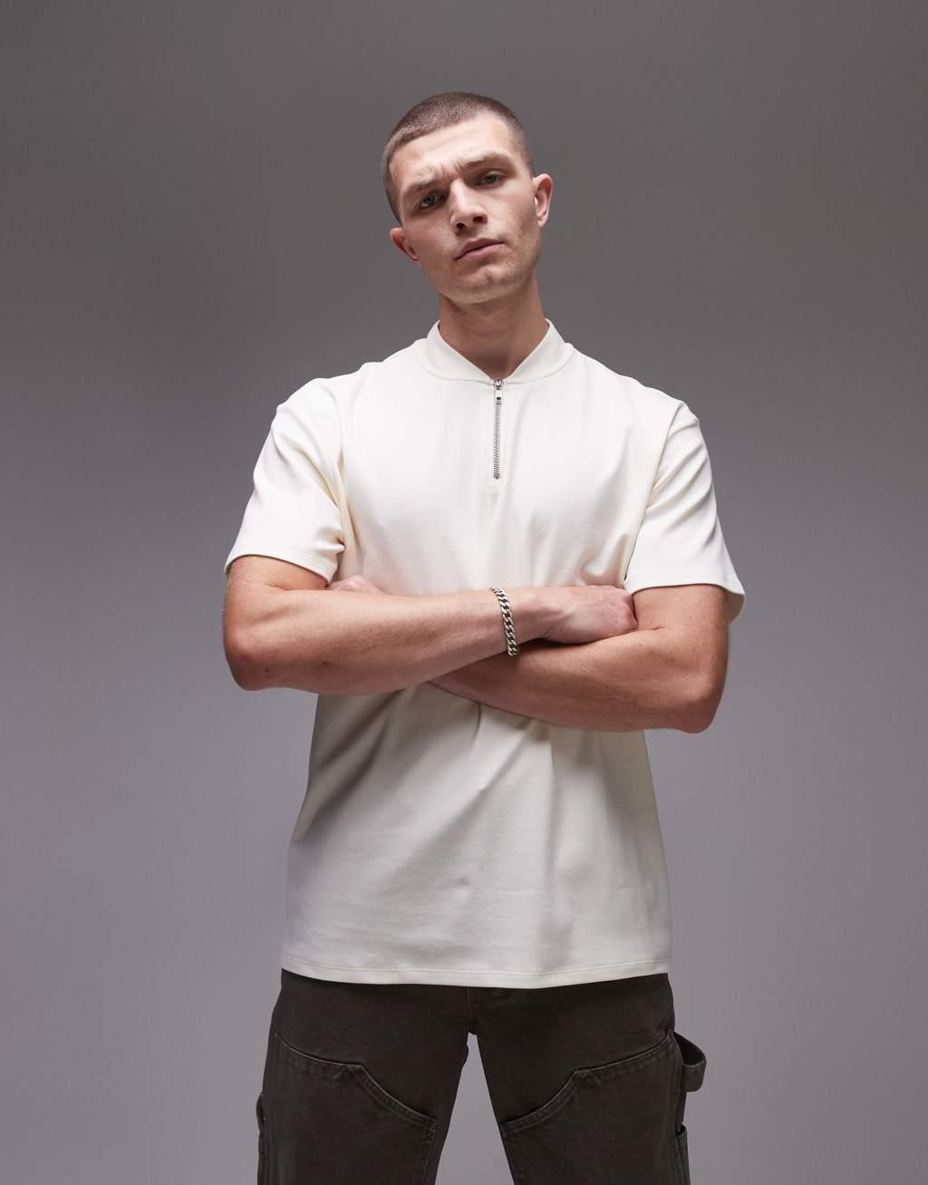 Topman oversized fit polo shirt with zip detail in ecru Product Image