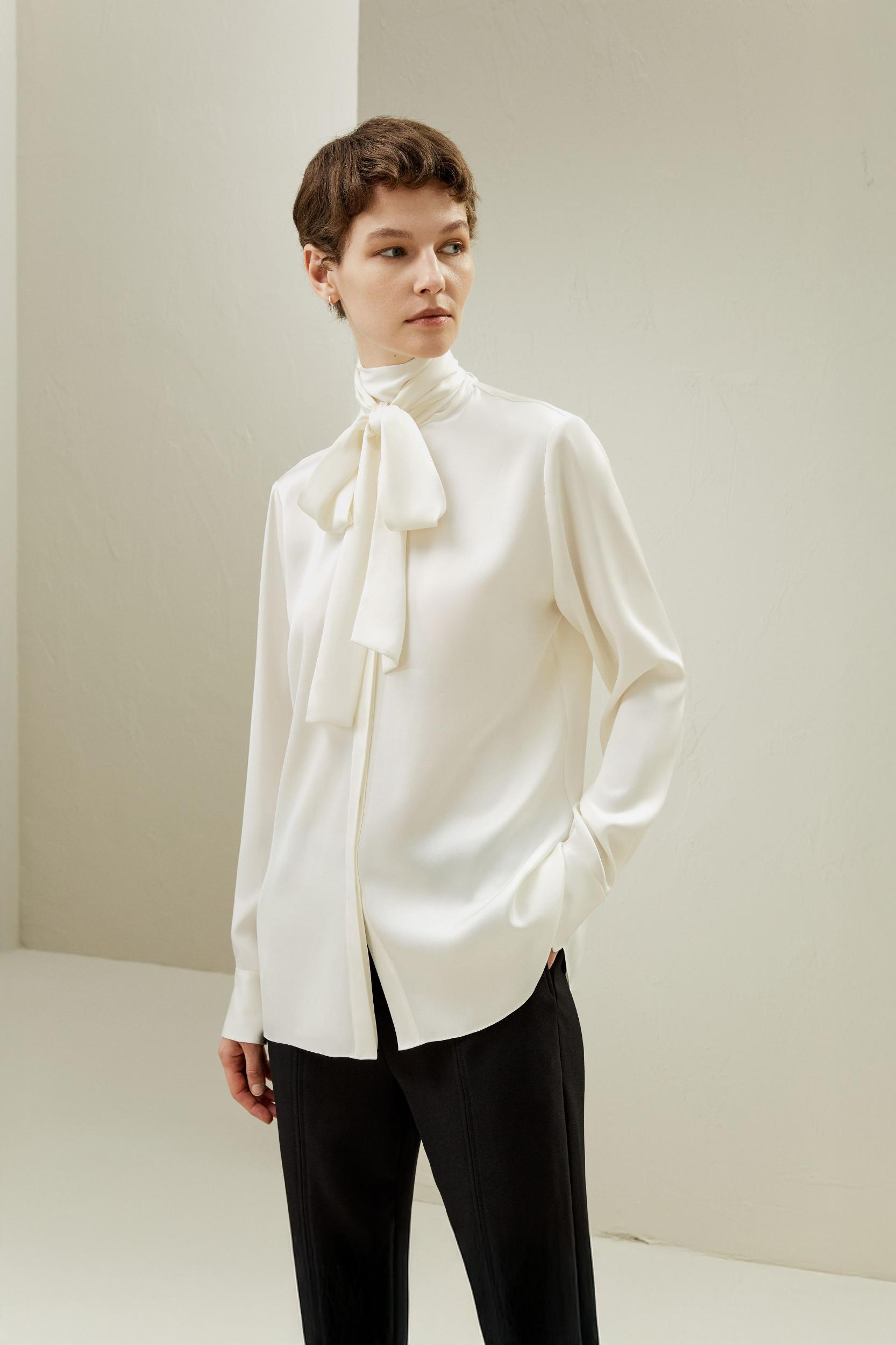 Silk Turtleneck Ribbon Blouse Product Image