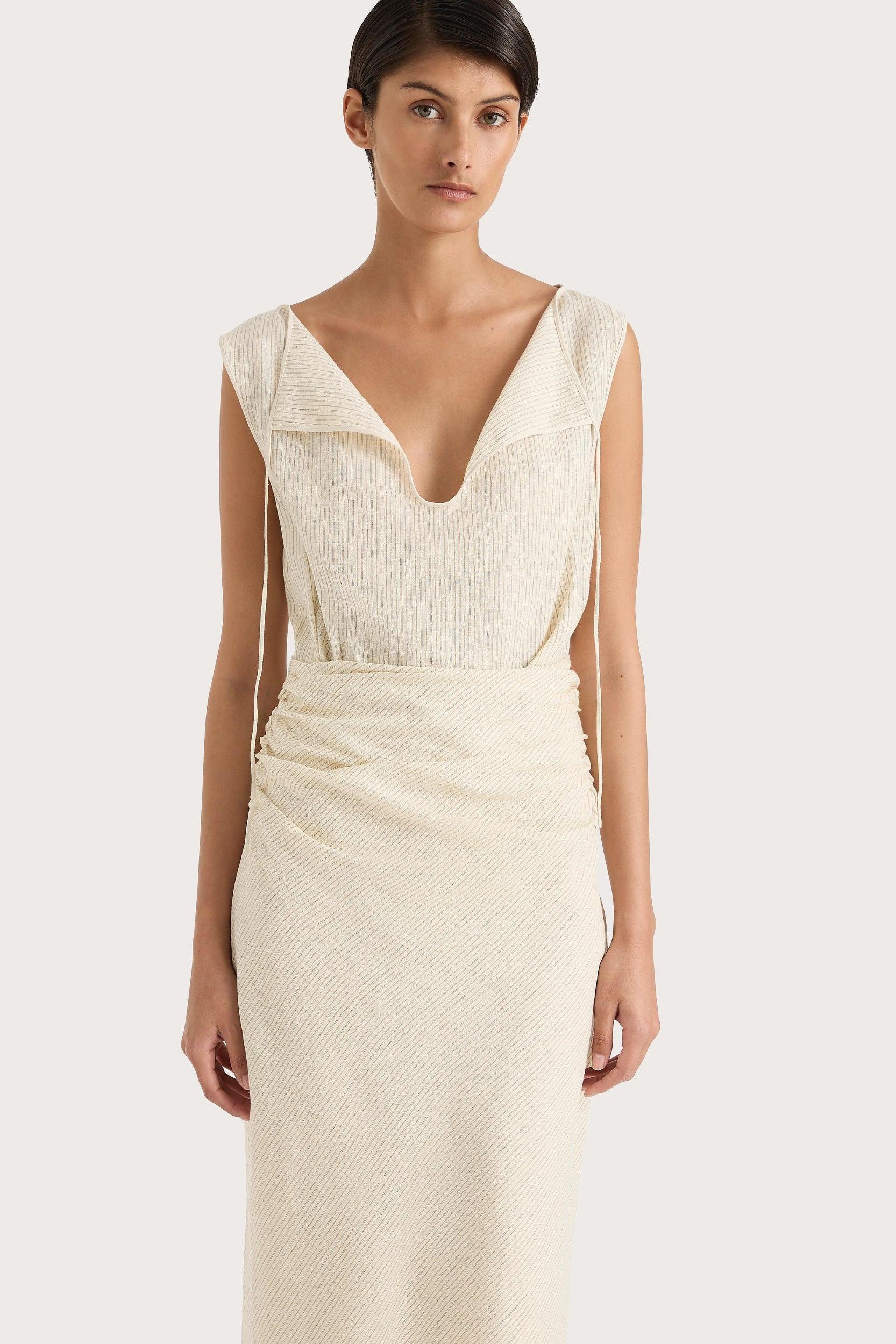 Aveline Dress Beige Pinstripe Product Image