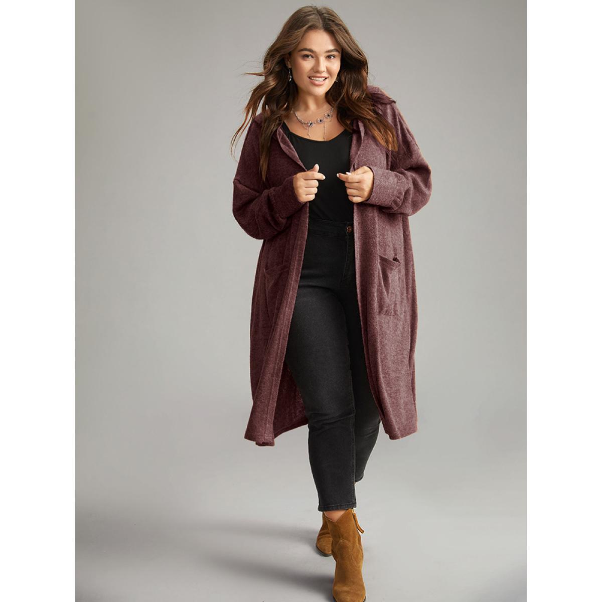 Plus Size Plain Hooded Pocket Open Front Kimono Women Eggplant Casual Texture Pocket Dailywear Kimonos BloomChic 30/6X Product Image