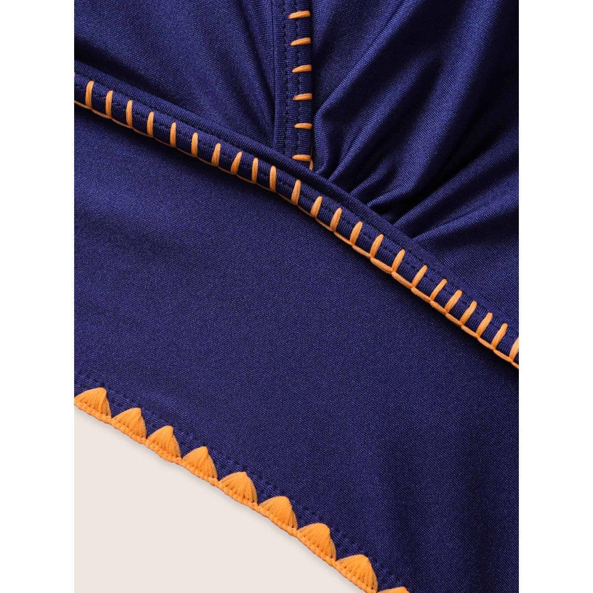 Plus Size Contrast Embroidered Wrap Buckle Detail Swim Top Women's Swimwear Navy Beach Patchwork High stretch Skinny Overlap Collar Curve Swim Tops BloomChic 18-20/2X Product Image