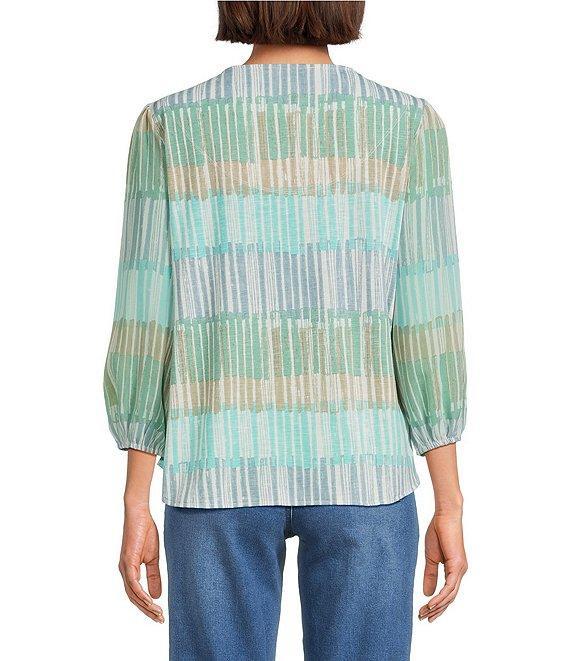 Multiples Petite Size Slub Knit Embroidered Printed Split V-Neck 3/4 Sleeve Top Product Image