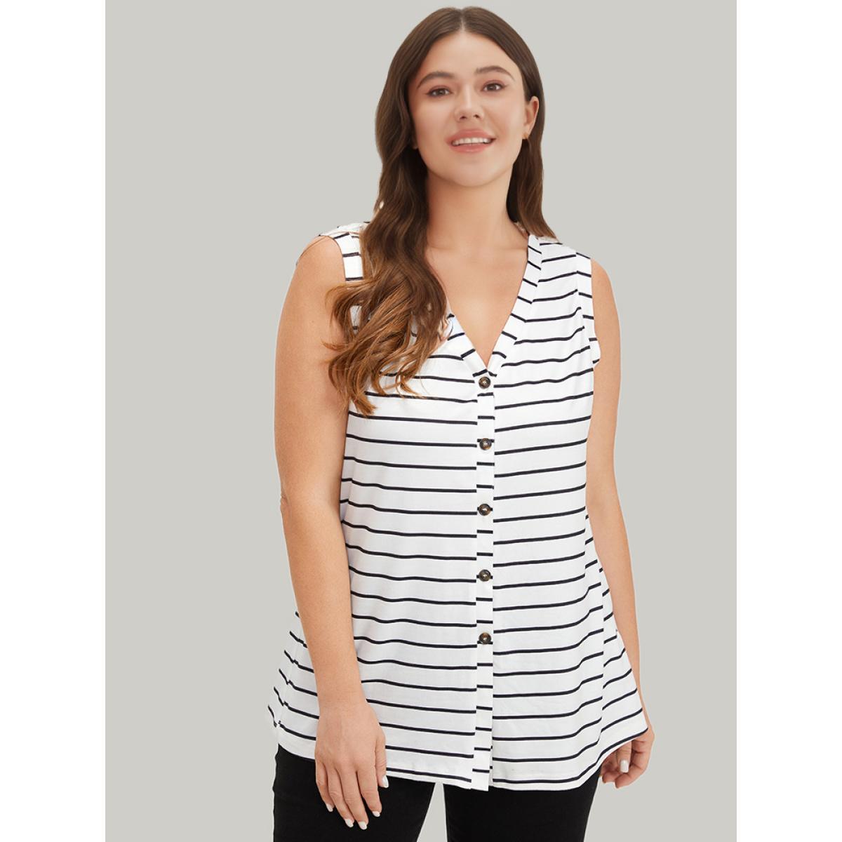 Plus Size Striped Print Button Through Tank Top Women White Casual Button Dailywear Tank Tops Camis BloomChic 12/L Product Image