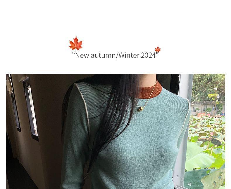 Long-Sleeve Round Neck Contrast Trim Knit Top Product Image