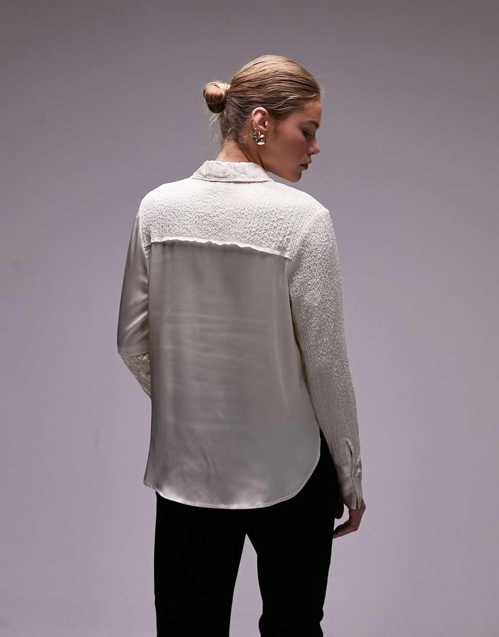 Topshop crinkle satin lace patchwork shirt Product Image