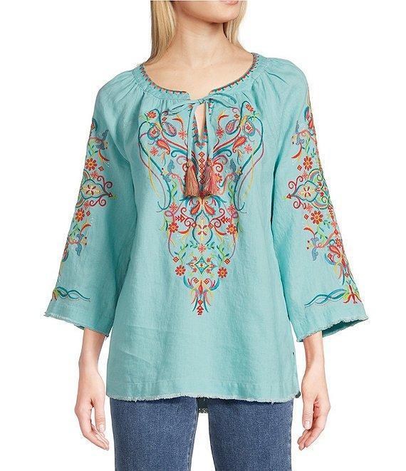 John Mark Paisley Print Floral Embroidered Split V-Neck 3/4 Sleeve Frayed Tassel Tie Tunic Product Image