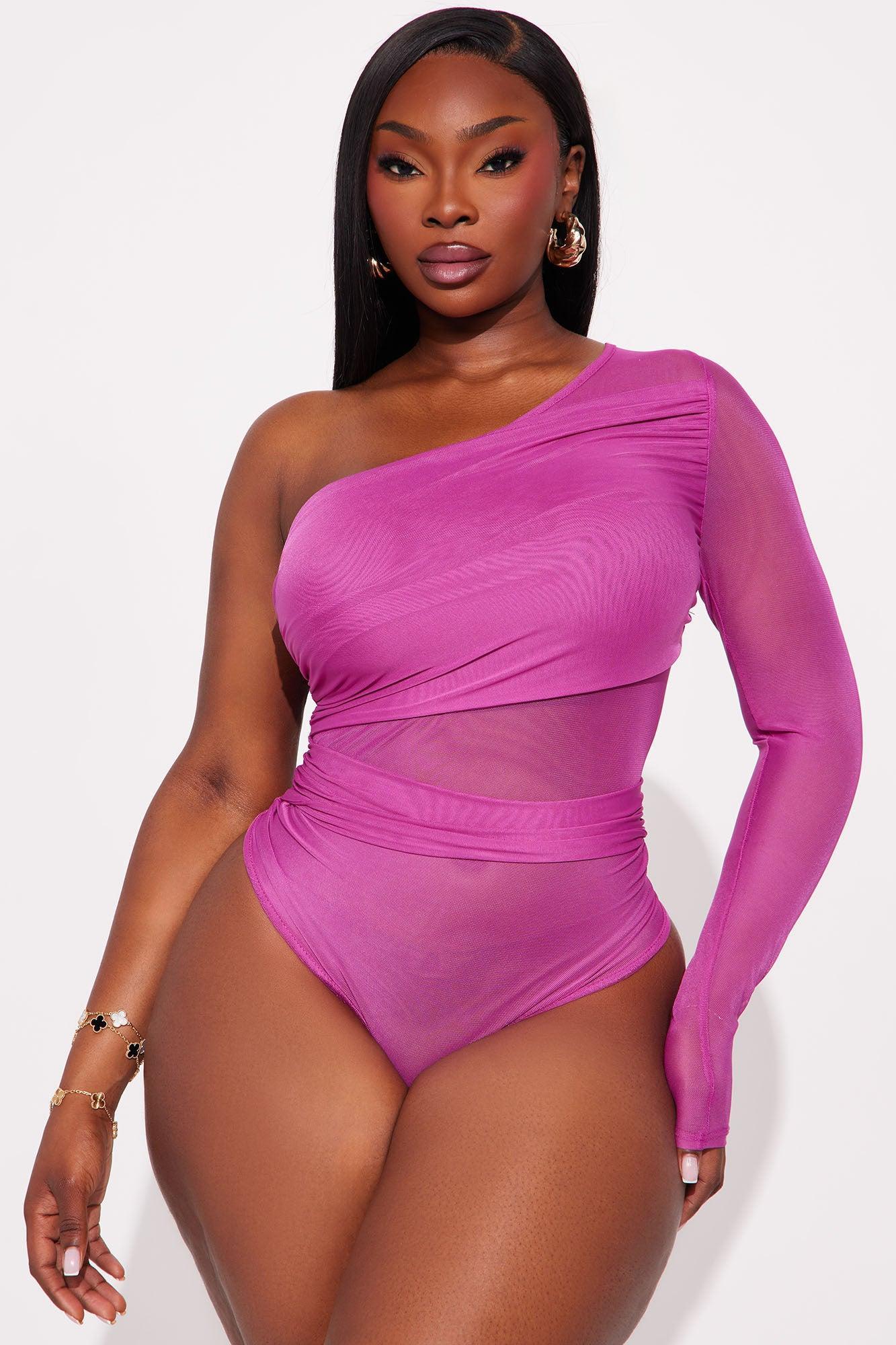 Naiara One Shoulder Mesh Bodysuit - Plum Product Image