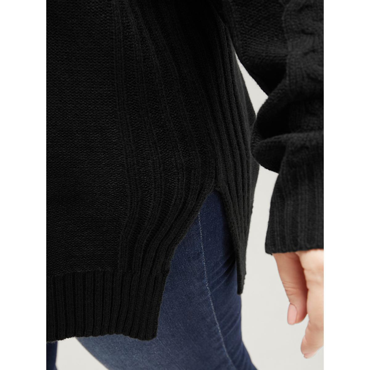 Plus Size Solid Pointelle Knit Cut Out Split Hem Cable Knit Top Black Women Casual Loose Long Sleeve V-neck Dailywear Pullovers BloomChic 10/M Product Image