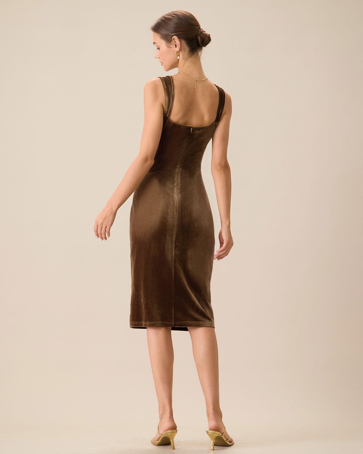 Brown Velvet Bodycon Midi Dress Product Image