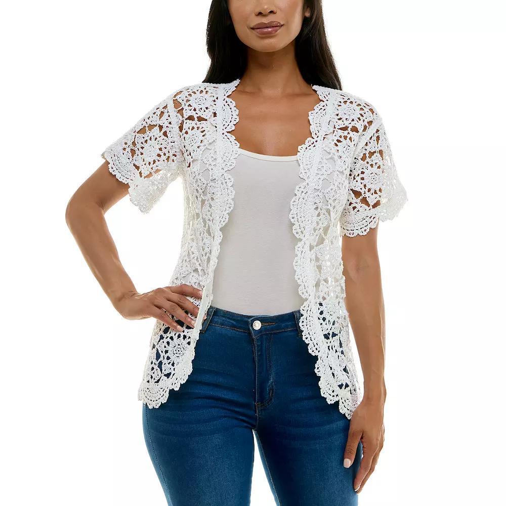 Women's Nina Leonard Short Sleeve Crochet Scalloped Cardigan, Size: XL, Ivory Product Image