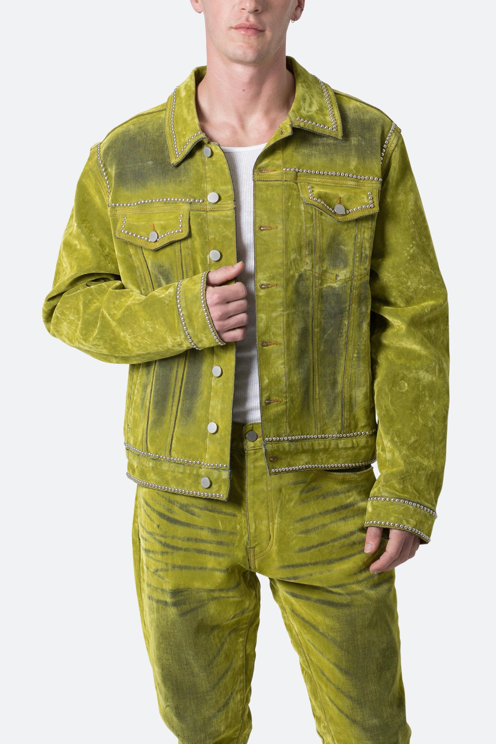 Studded Suede Denim Jacket - Green Product Image