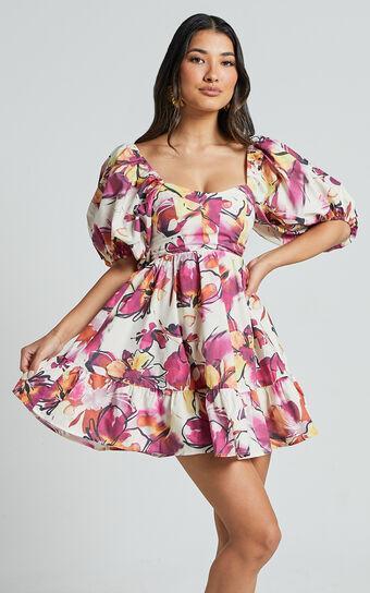 Gretchen Mini Dress - Puff Sleeve Babydoll Dress in Dahlia Dusk Floral Product Image