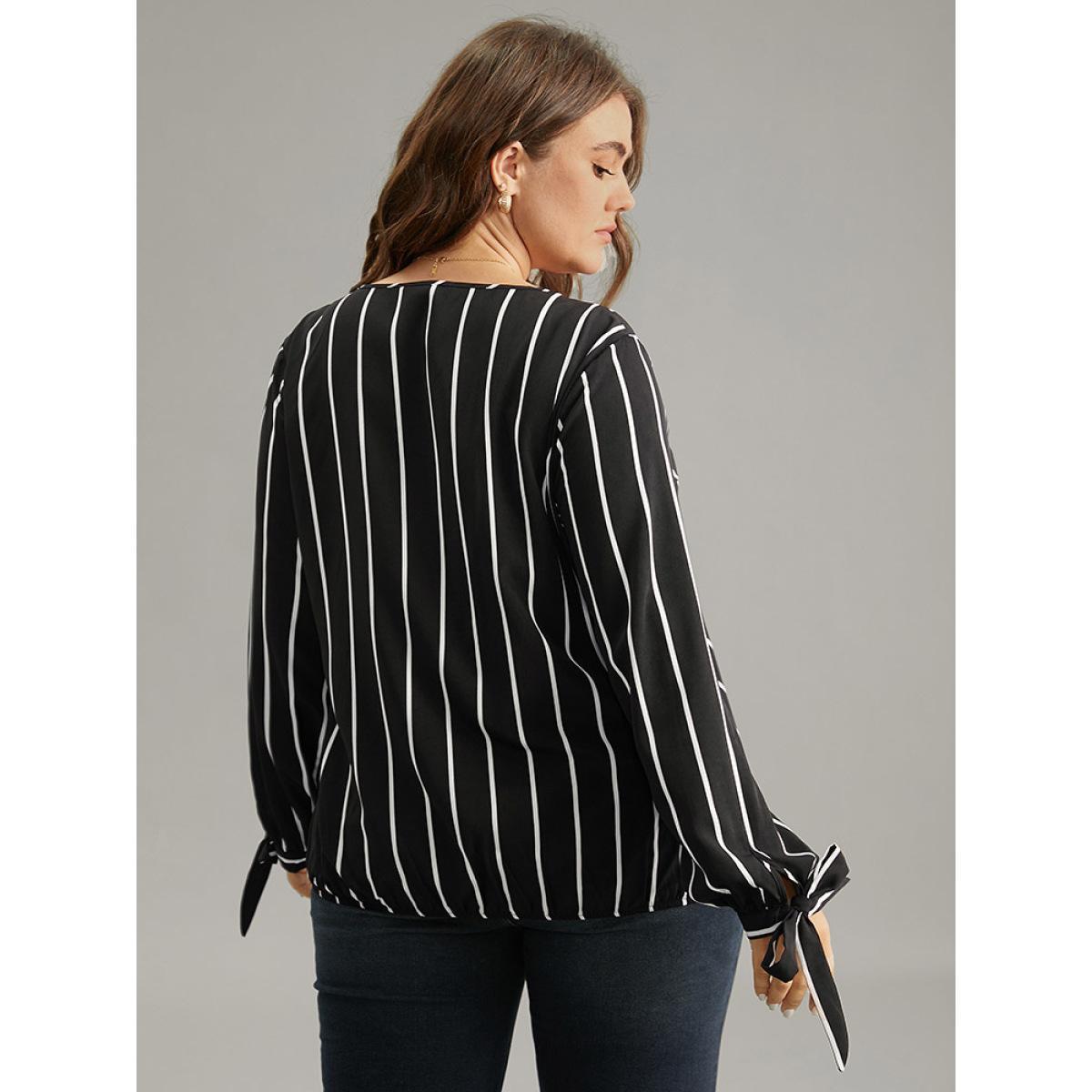 Plus Size Black Striped Bowknot Cuffs Surplice Neck Blouse Women Office Long Sleeve Overlap Collar Work Blouses BloomChic 12/L Product Image