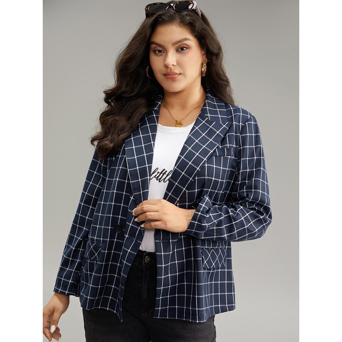 Plus Size Plaid Flap Detail Suit Collar Button Up Blazer DarkBlue Women Dailywear Plaid Contrast Sleeve Long Sleeve Suit Collar 28/5X Pocket Casual Blazers BloomChic Product Image