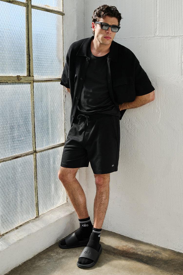 Sports Club Sweater Knit Short Sleeve Button Up - Black Product Image