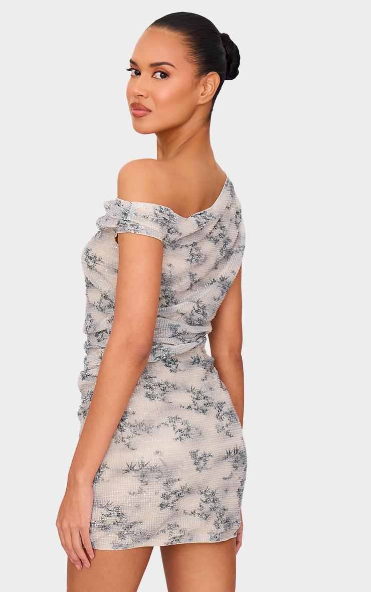 Beige Printed Textured Sequin Off Shoulder Bodycon Dress Product Image