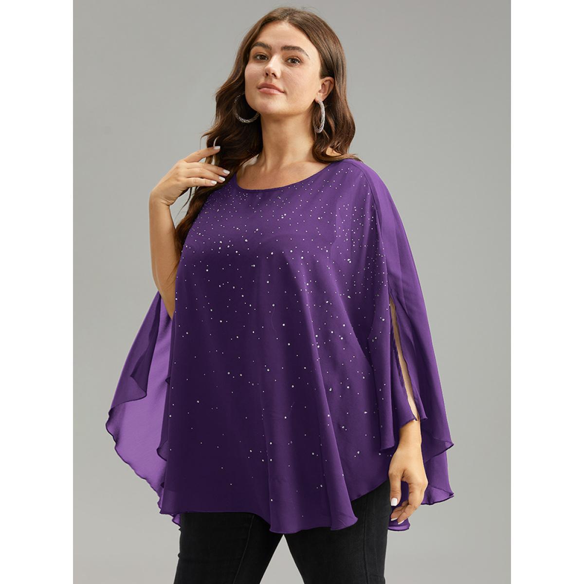 Plus Size Purple Chiffon Rhinestone Split Dolman Sleeve Blouse Women Cocktail Elbow-length sleeve Round Neck Party Blouses BloomChic 14-16/1X Product Image
