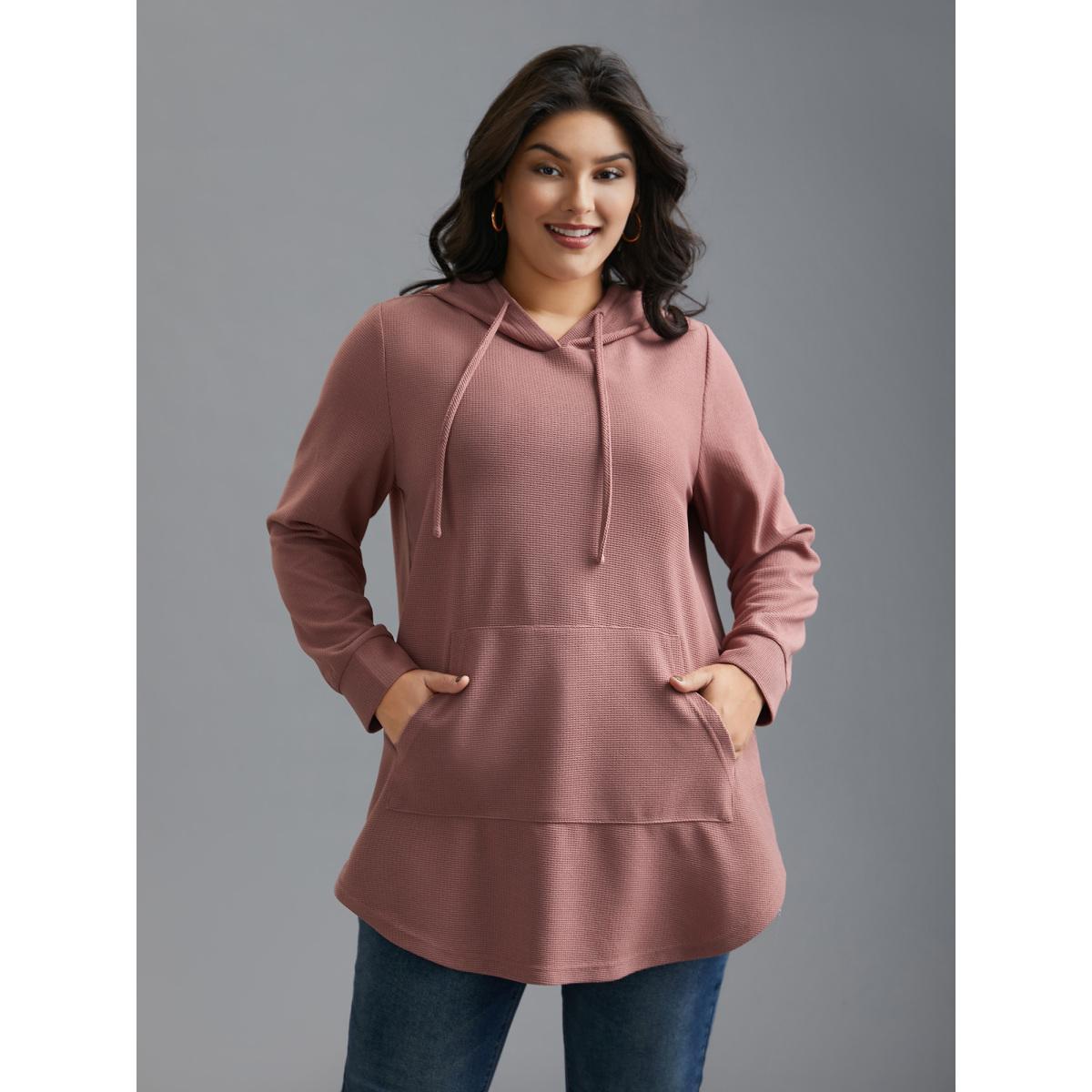 Plus Size Waffle Knit Hooded Drawstring Sweatshirt Women DustyPink Casual Texture Loose Hooded Everyday Sweatshirts BloomChic 26/4X Product Image