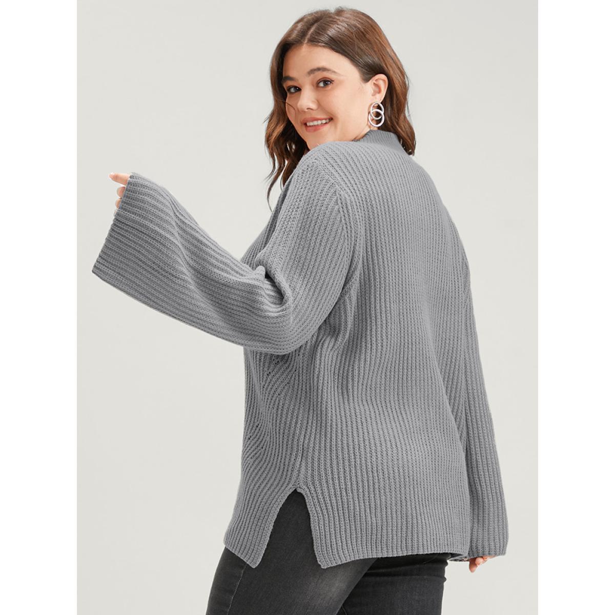 Plus Size Solid Pointelle Knit Mock Neck Bell Sleeve Split Knit Top Gray Women Casual Loose Long Sleeve Mock Neck Dailywear Pullovers BloomChic 12/L Product Image